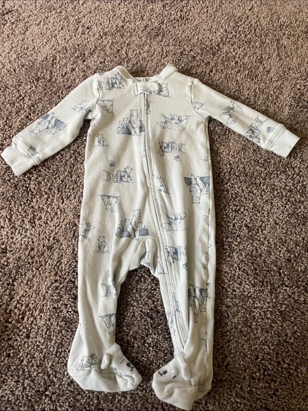 Cream Baby One-Piece Footed Sleeper with Blue Bear Print